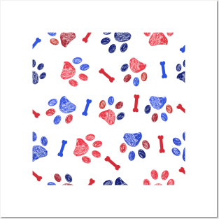 Blue and red doodle paw prints Posters and Art